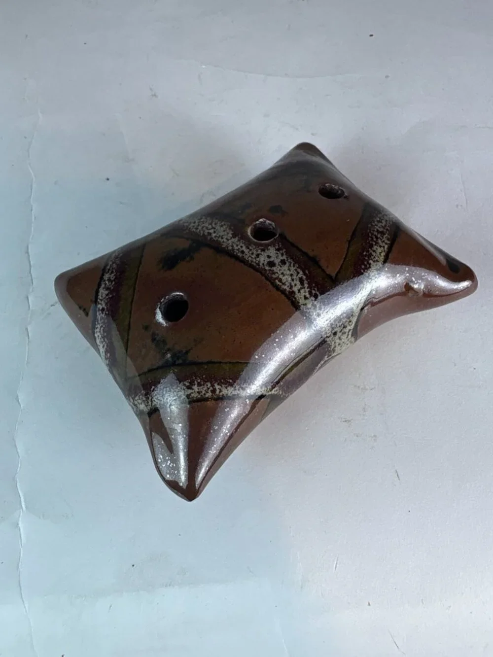 Vintage Studio Pottery Flower Frog Vase, Abstract Tree Design, Three Hole Ikeban